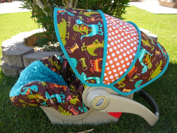 Dino Dudes with Tangerine Ta Dot Infant Car Seat Cover --- Moves To Toddler
