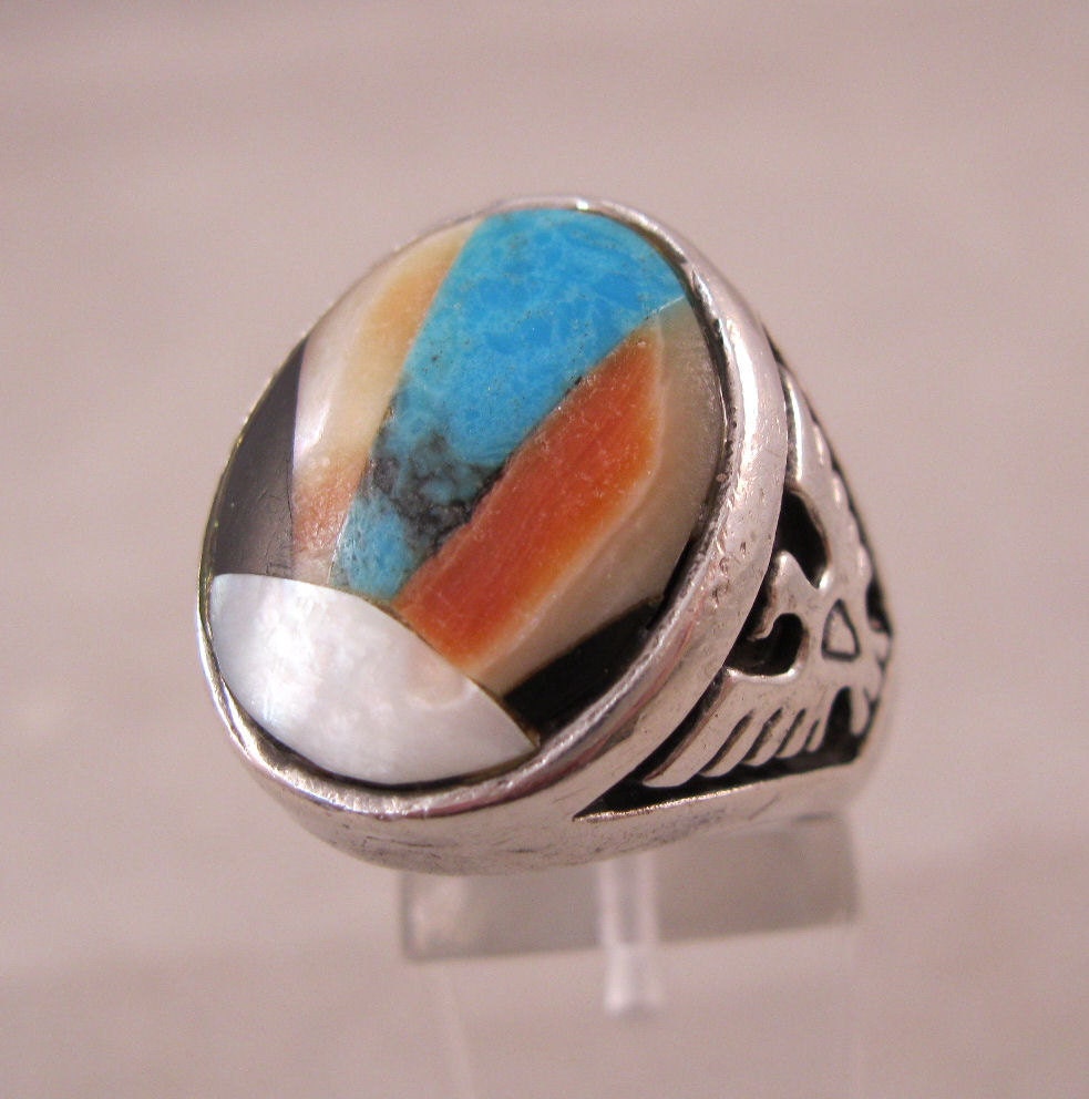 Native American Zuni Ring Mens Sterling Inlaid Stones Eagle Size 10 1 ...