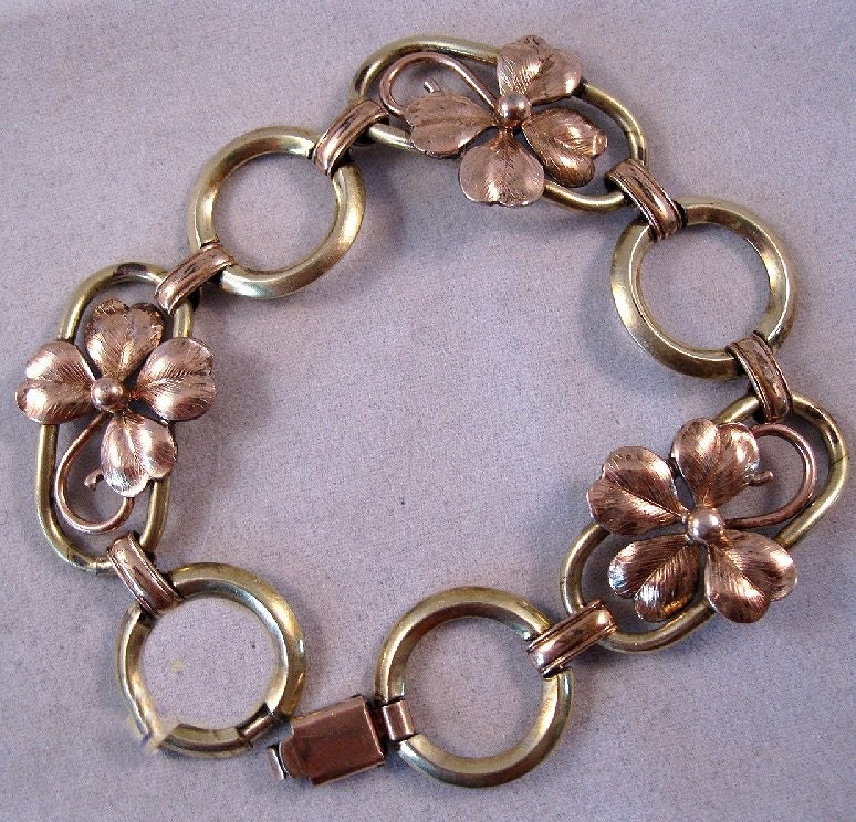 SALE... Vintage 1940s DIANA KREMENTZ Rose Yellow Gold Shamrock Bracelet... FREE SHIPPING