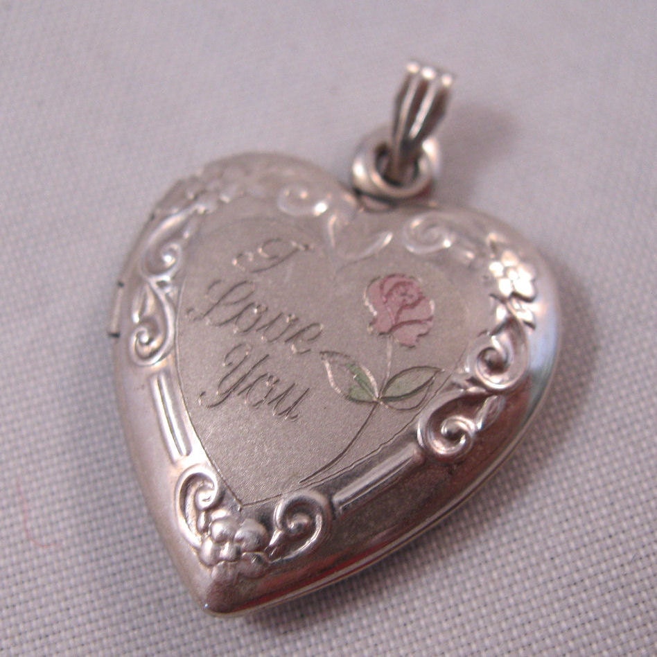 I Love You Rose Heart Locket Sterling Silver Signed TK 1960s