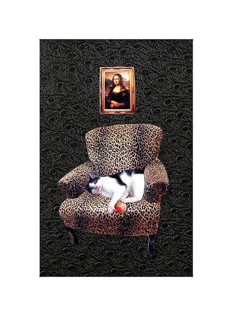 cat collage, mona lisa, leopard chair, cat art, pet portrait, cat portrait, black, home decor, custom art, tagt team - PetCollage