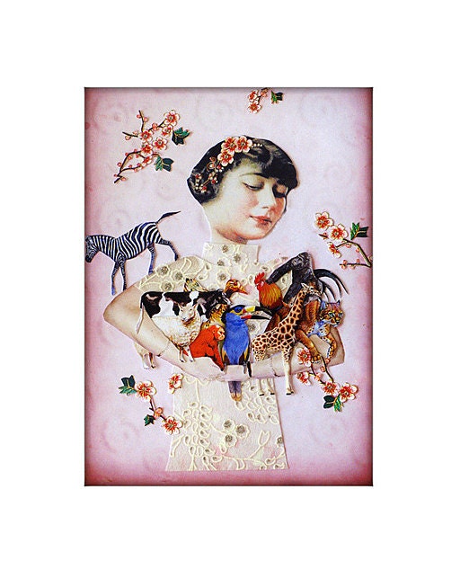 animals collage photographs photocollage pink woman vintage shabby chic home decor tagt team art pets