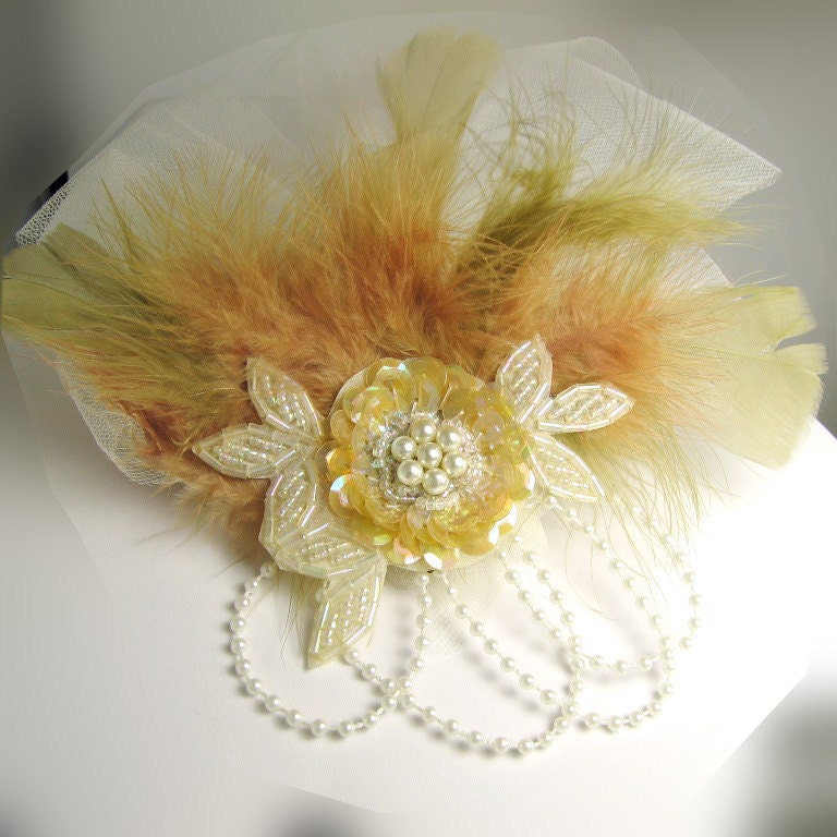 Feather and Vintage Beaded Fascinator with Vintage Tulle