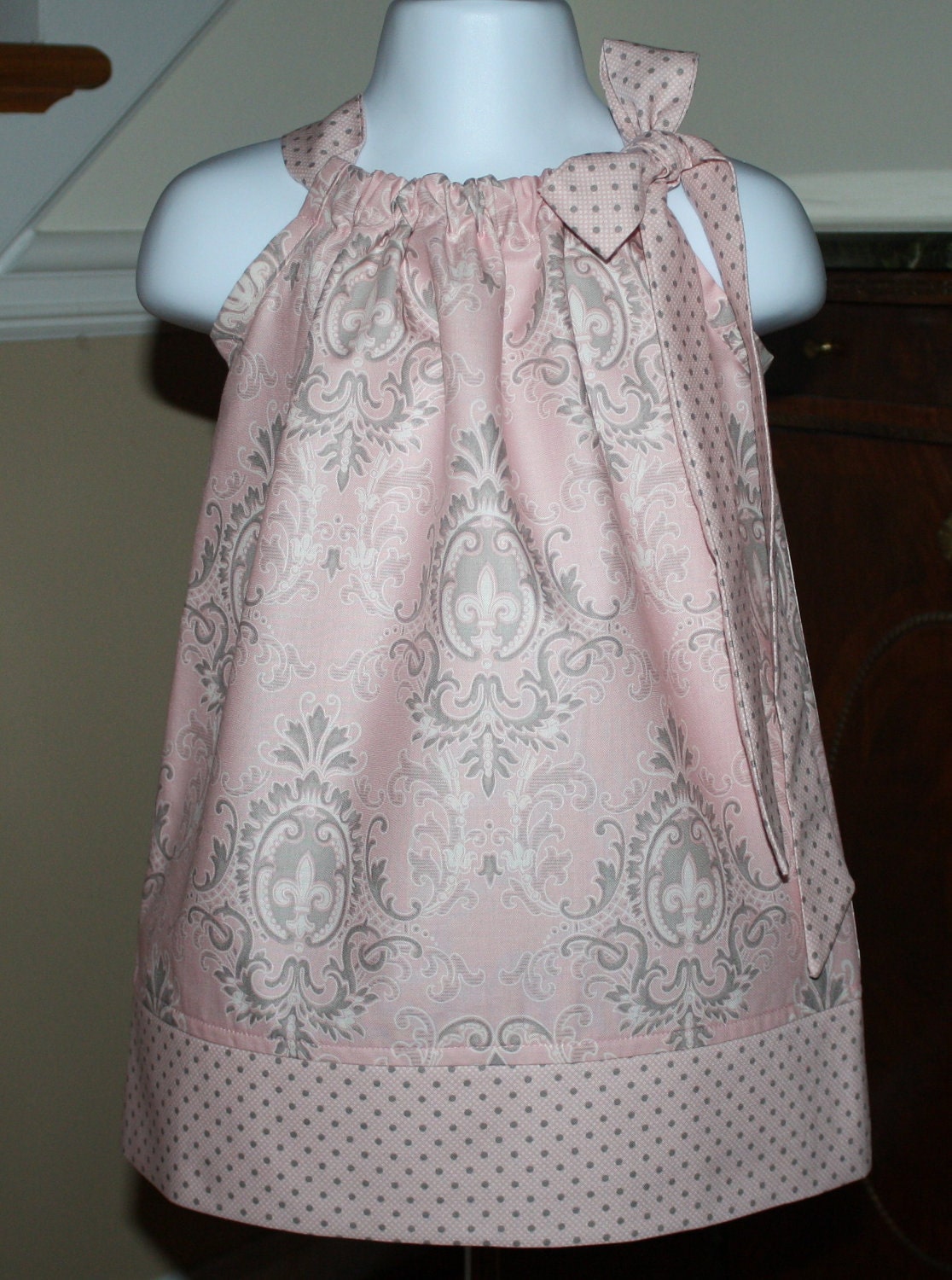 Pillowcase dress toddler Easter dresses puttin on the ritz pink gray , 3, 6, 9, 12, 18. 24, mos. 2t, 3t, 4t, 5t