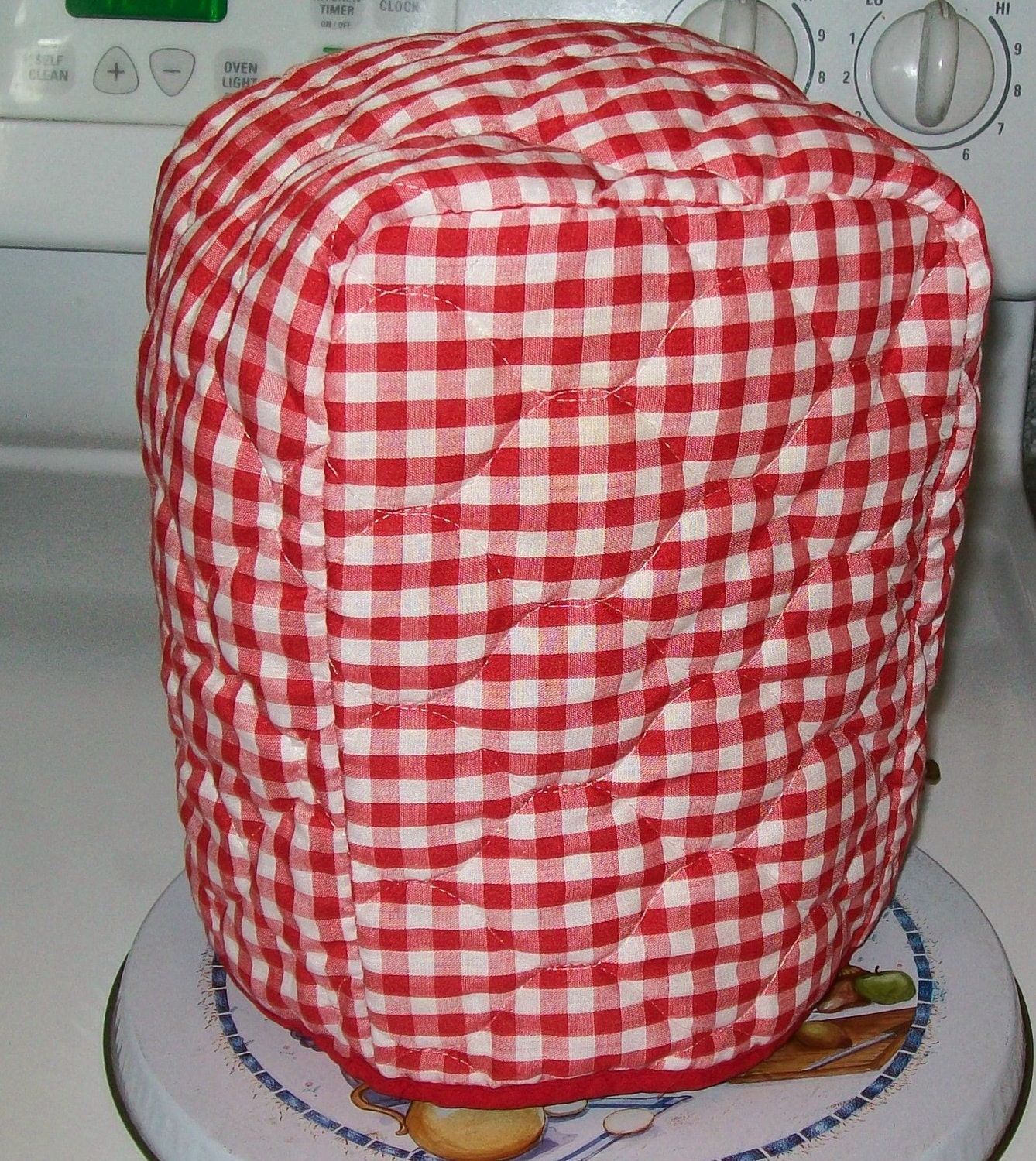 Vintage red checked, reversible kitchen appliance cover, red calico, floral, mini blender cover