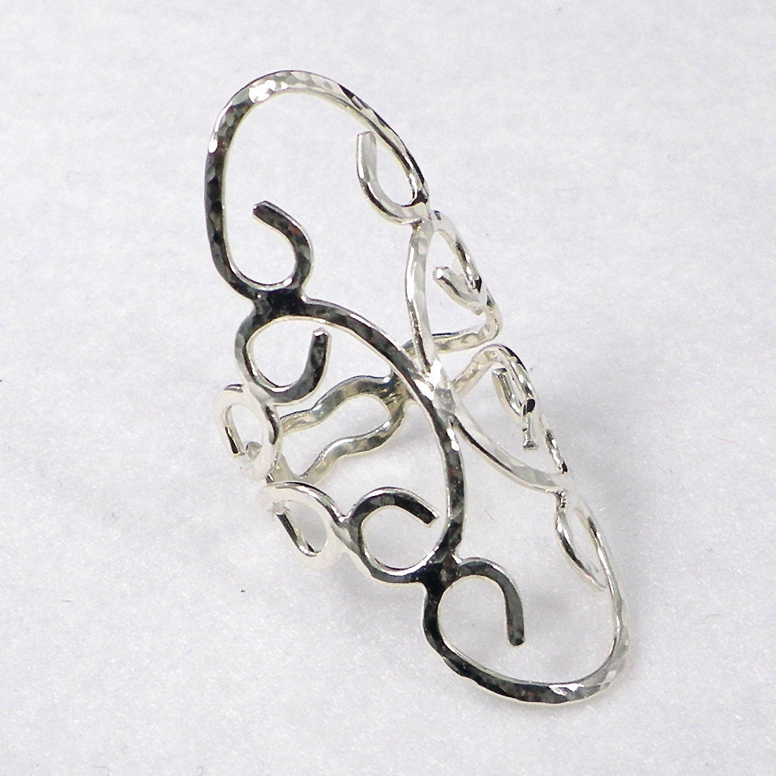 Sterling Silver Long Finger Ring Polished Dimpled, Hammered Finish