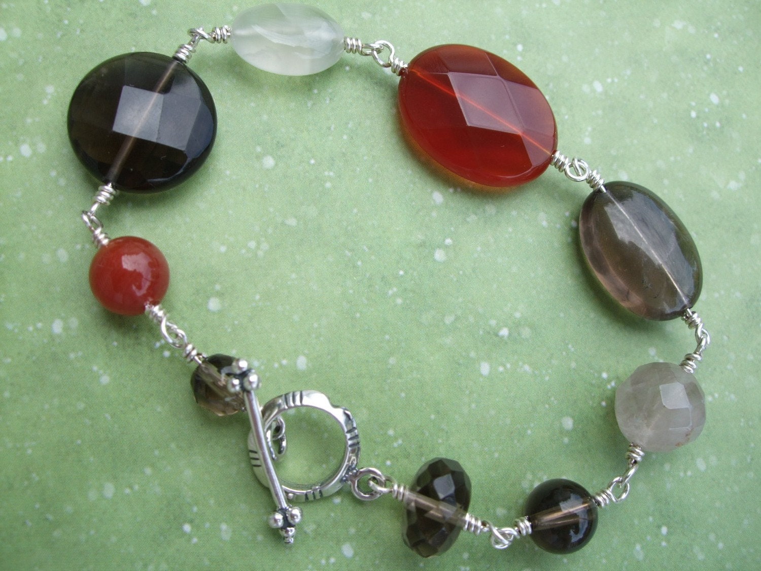 Free shipping--Carnelian, smoky quartz, sterling silver bracelet