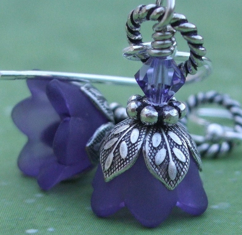 Purple Lucite Flower, antique silver, sterling silver earrings