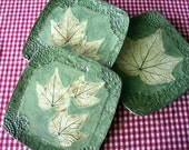Hand made Custom Set of 4 Ceramic Dinner Plates with Leaves and Lace