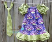 Brother and Sister Matching Outfits - Boutique Peasant Dress & Little Boy Necktie - Good Fortune in Purple