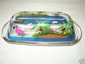 Hand Painted BUTTER DISH With FLAMINGOS