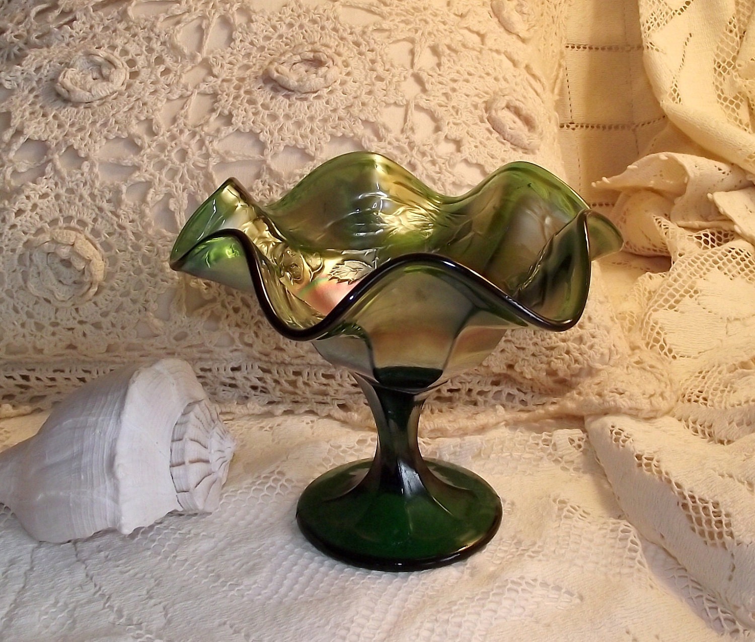 Vintage Fenton Wreath of Roses Green Carnival Glass Compote Candy Dish