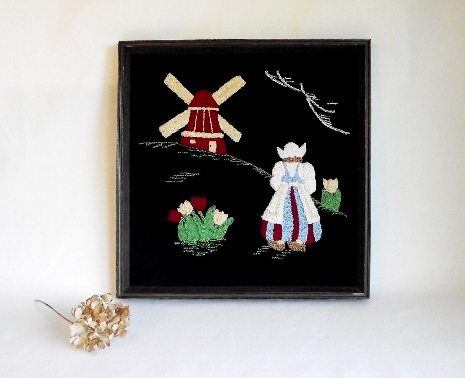 Darling Dutch Vintage Velvet Nubby Needlepoint - Holland Inspired- Framed