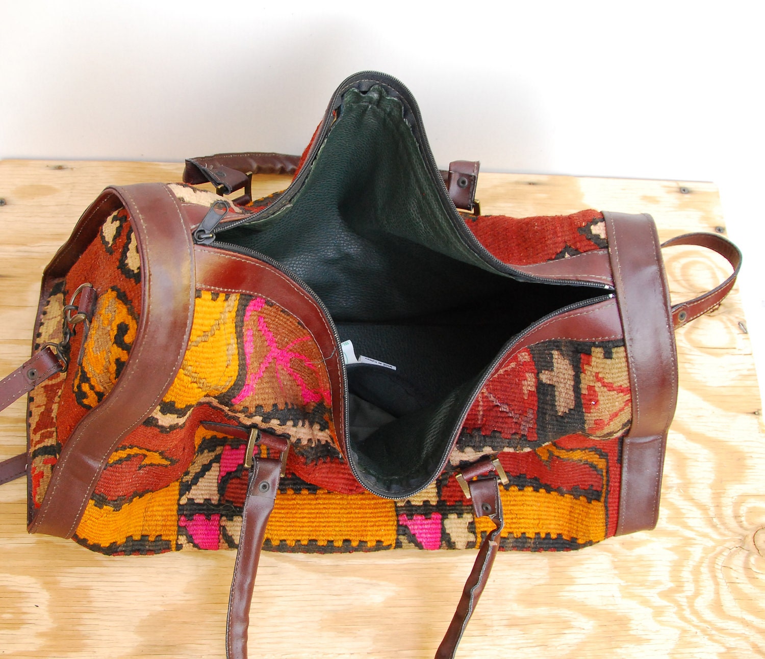 RESERVED Vintage Turkish Kilim Weekender Bag - Navajo Weekender - Oversized Leather Bag - Woven Southwestern Tapestry Bag