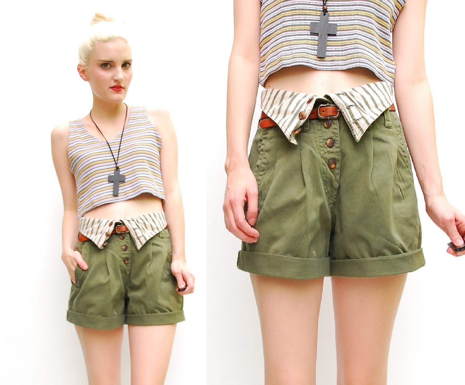 80s Army Green Shorts - Safari High Waisted Shorts - Fold Over Waist - Boho Pleated Shorts - Summer Fashion - S 2 4 6 // 27