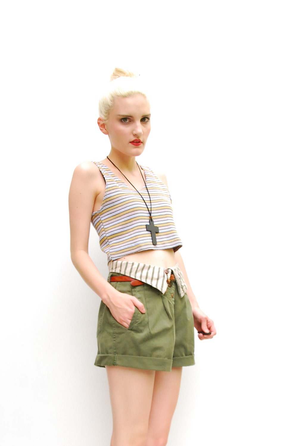 80s Army Green Shorts - Safari High Waisted Shorts - Fold Over Waist - Boho Pleated Shorts - Summer Fashion - S 2 4 6 // 27