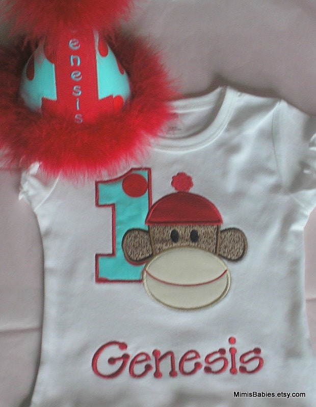 Sock Monkey Birthday Shirt and Birthday Hat Set  Aqua and Red Polka Dot