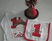 Sock Monkey Birthday Shirt Hat and Bib Set