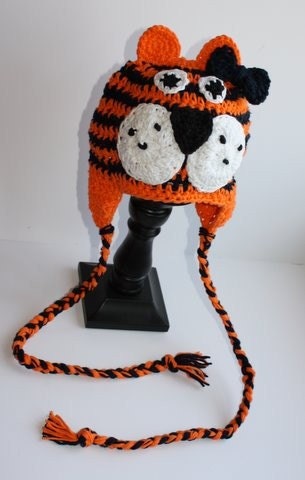 Tiger Hat NEWBORN Girl Crochet Beanie with Earflaps in Auburn Orange and Navy  with Crochet Bow Clip