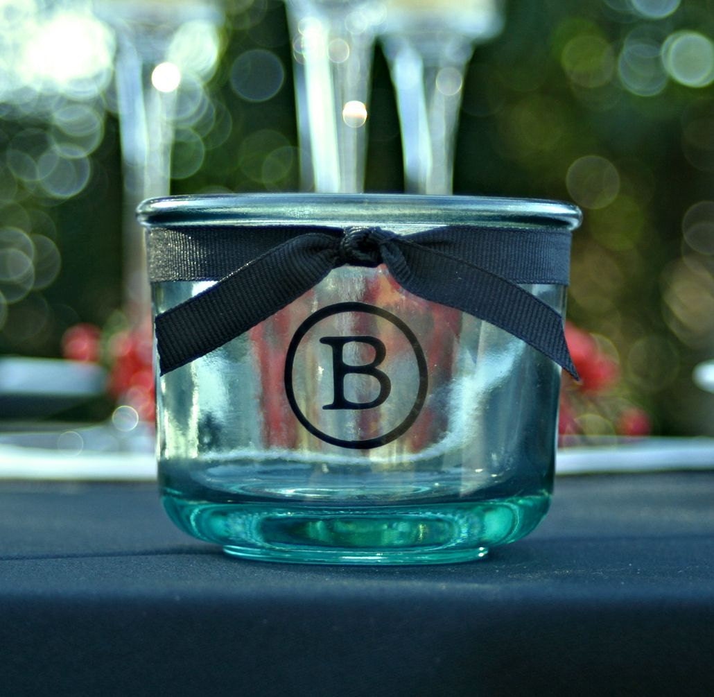 Emerald Wedding table setting, Bridal shower decoration, Blue Green cup,vase,votive w/ vintage typewriter initial,black ribbon.