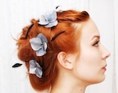 Flower bobby pins, floral hair pins, hydrangea and feather clip set - Night whisp