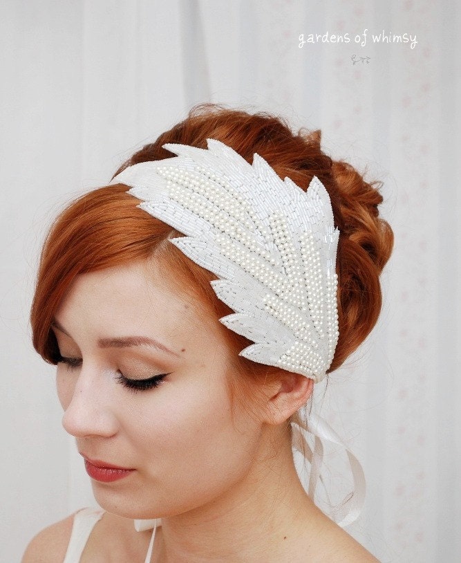 Bridal sash, pearl headband, wedding dress sash, head piece - Aria
