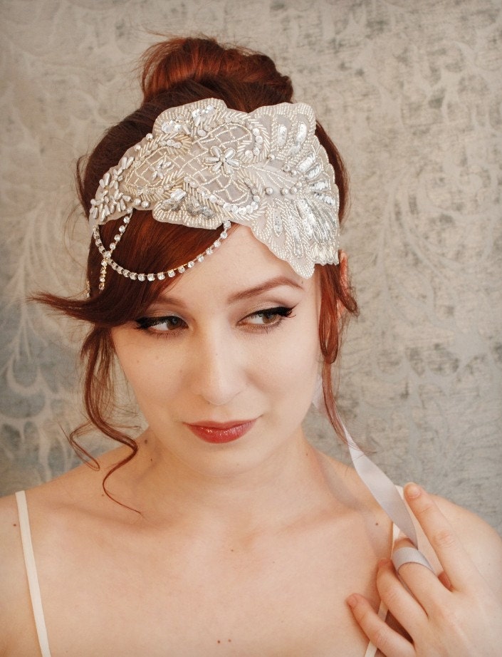 Bridal gown belt, 1920s wedding hair accessory, rhinestone dress sash, bridal headband - Nocturne