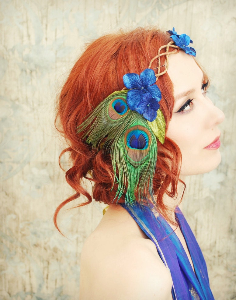 Peacock crown, velvet flower head piece, floral wreath, hair accessories -  Daenerys
