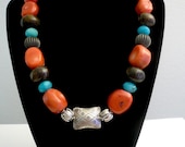 SALE...  Gorgeous Genuine Coral, Bronzite and Turquoise and Sterling Silver Necklace 925