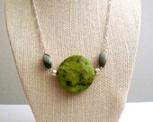 SALE.  Popping Chartreuse Kiwi Jasper and Hematite Silver Chain Necklace