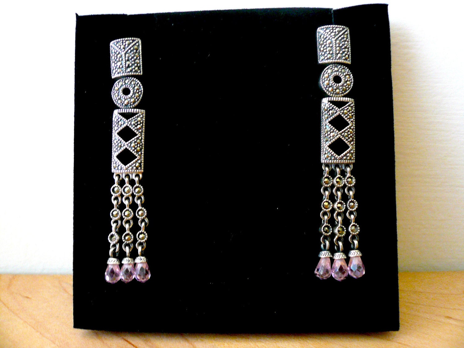 SUPER SALE. Gorgeous Vintage Art Deco Style Marcasite Sterling .925 Pink Topaz Dangling Earrings