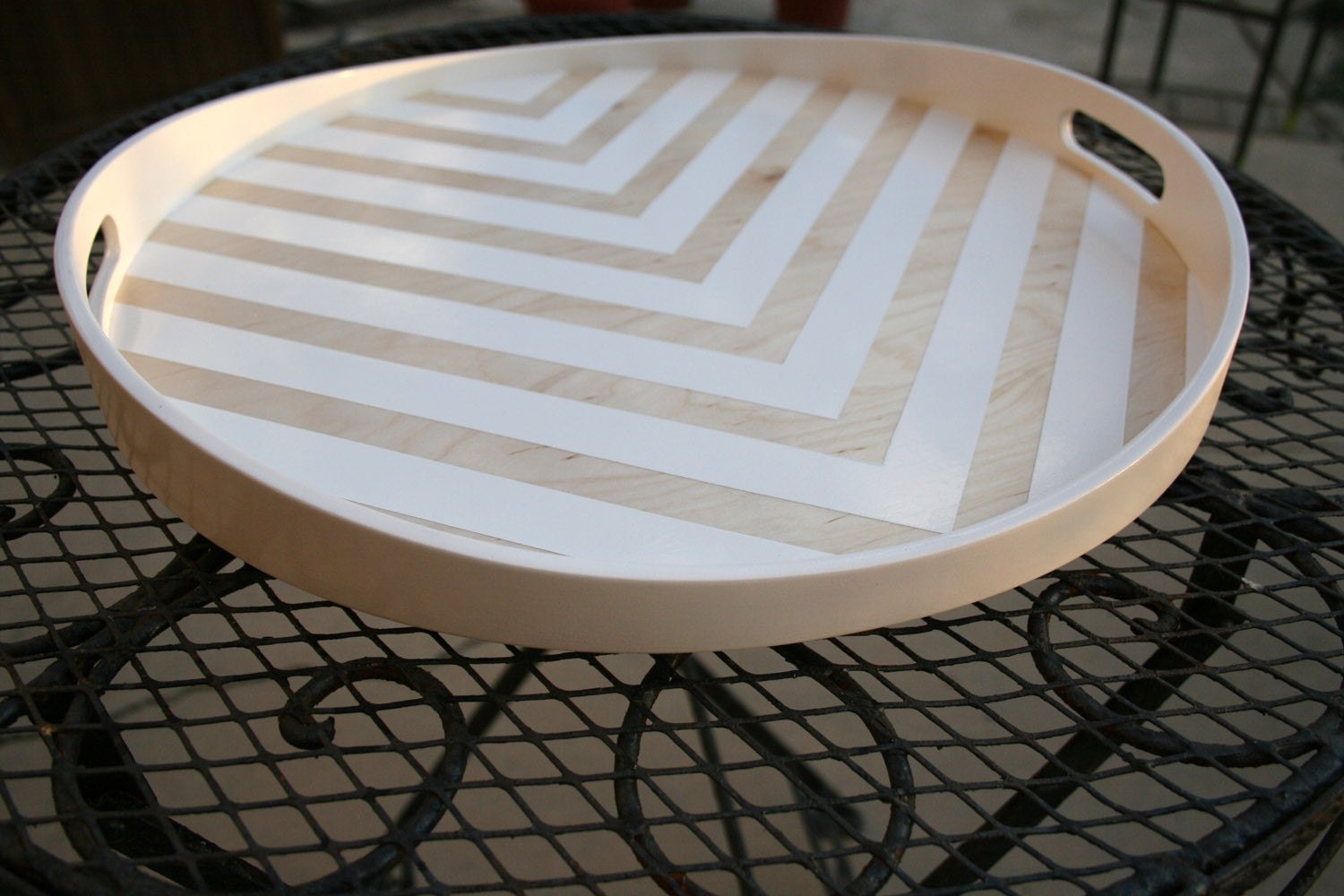 White Chevron Stripe Painted Round Wood Tray