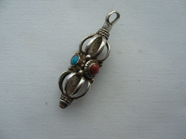 SALE Vintage Tibetan Silver Red Coral & Turquoise Pendant