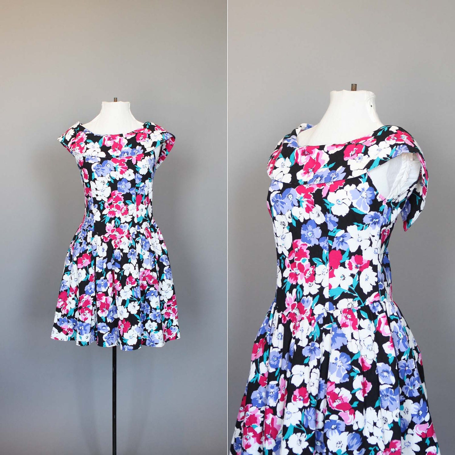 Dress 80s 50s Vintage 1980s does 1950s Floral Cocktail Party Dress Formal Cotton Summer Dress S M