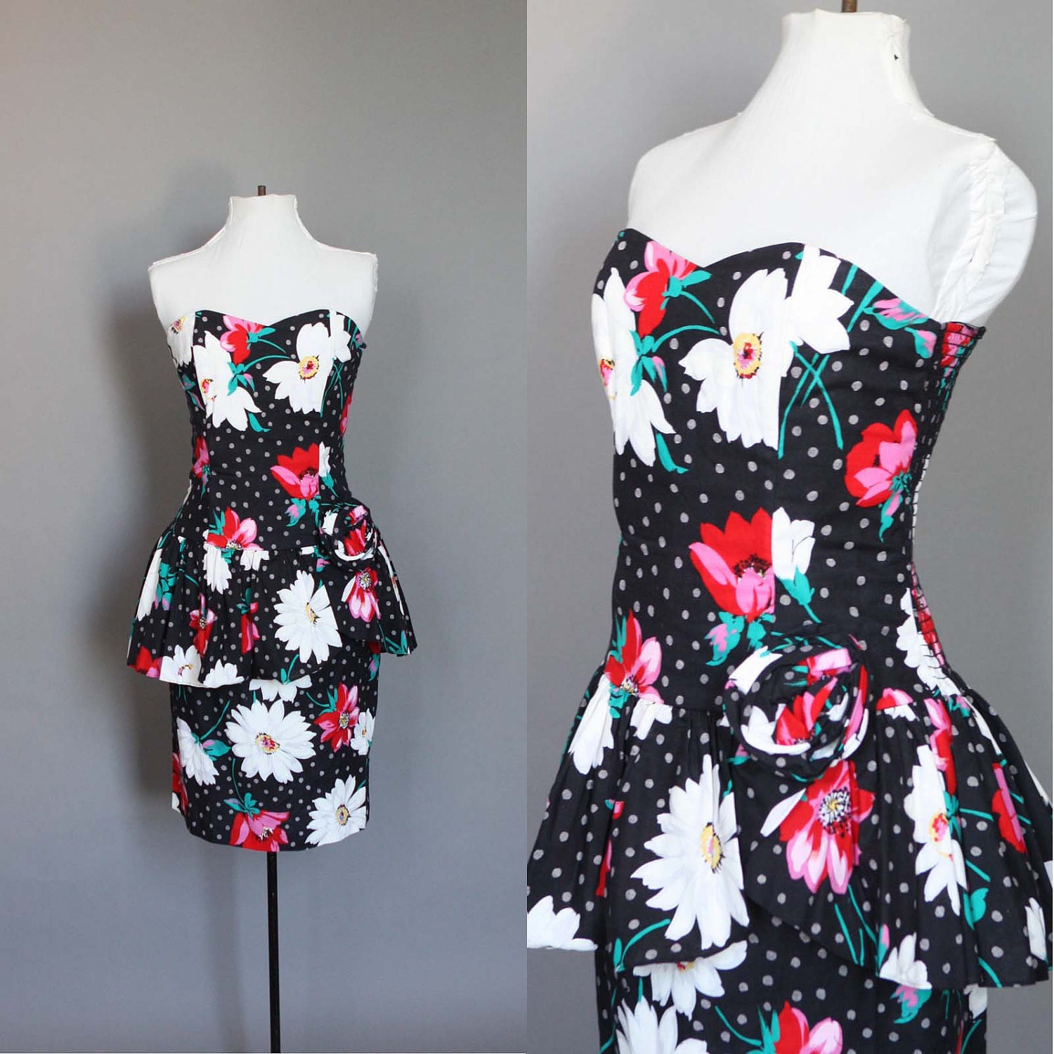 Dress 80s 50s Vintage 1980s does 1950s Strapless Cocktail Party Dress Polka Dot and Floral M L