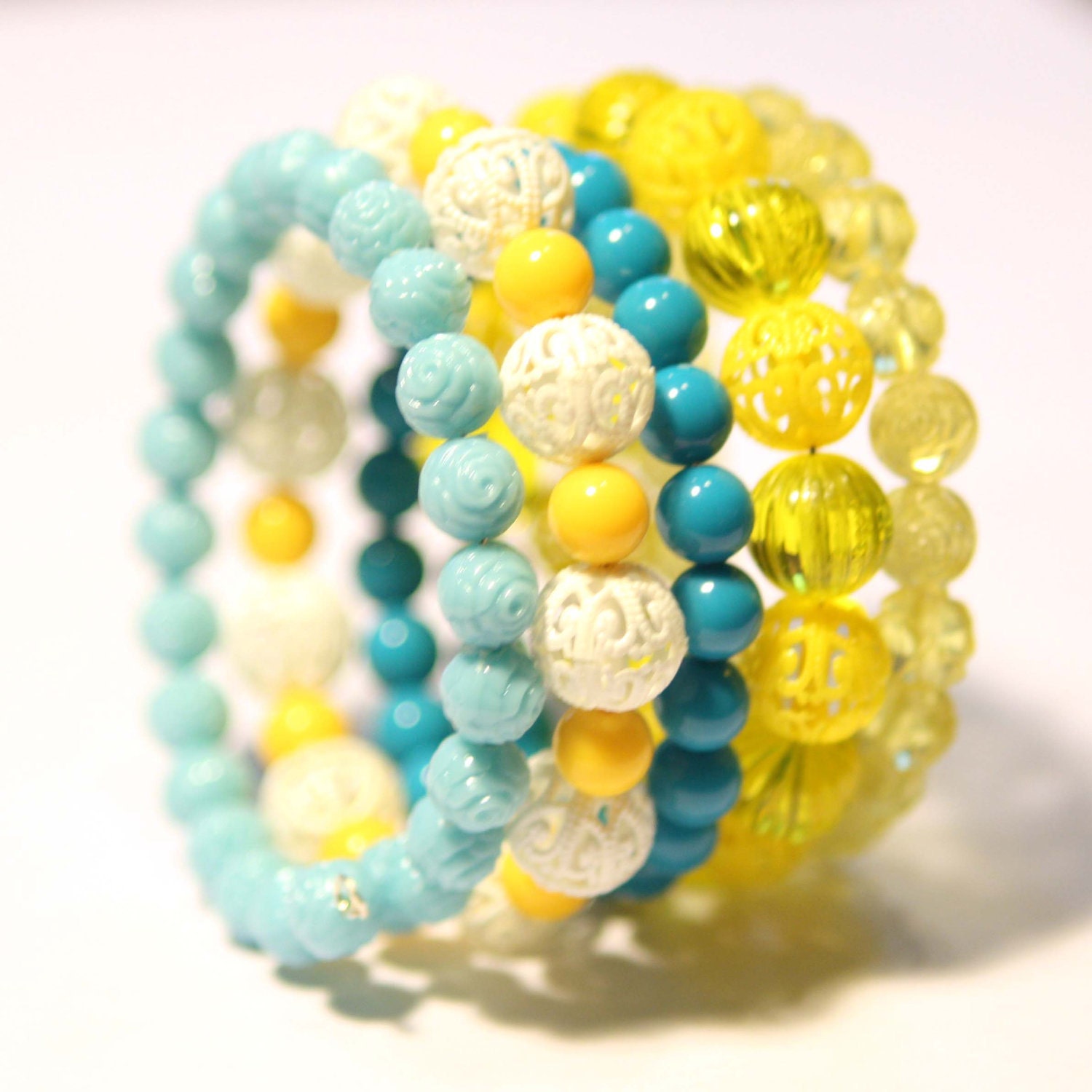 Vintage Beads Bangle Bracelet in Turquoise, Yellow and White