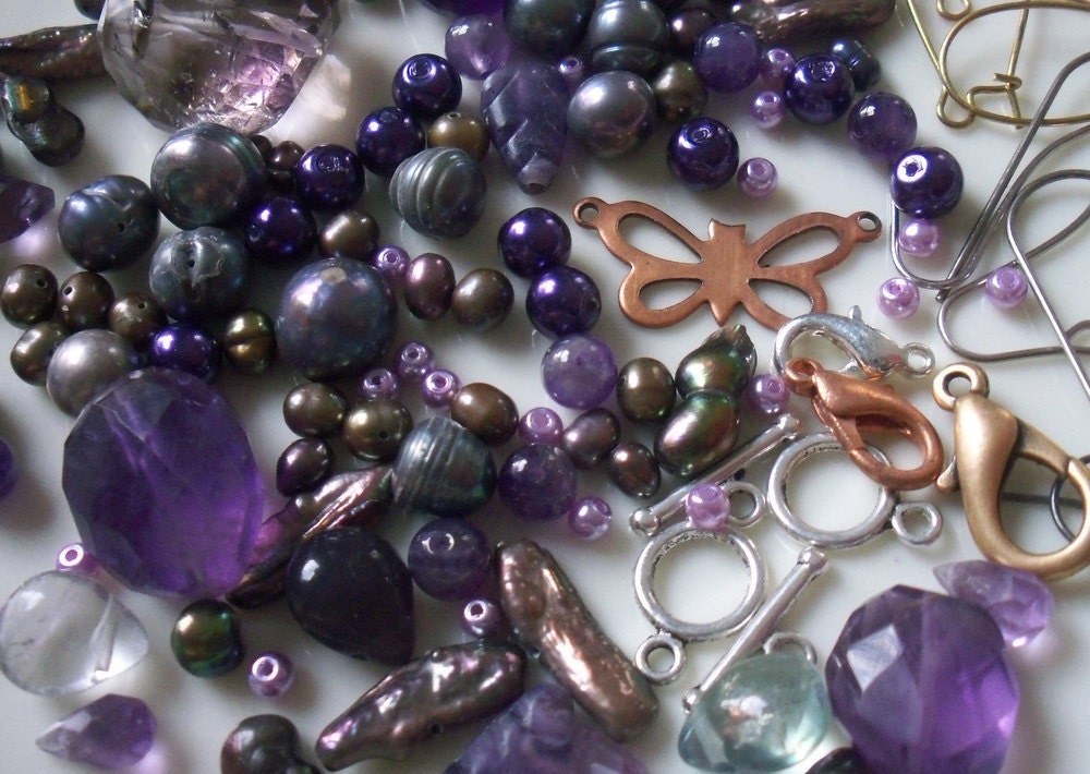 Peacock Pearls And Amethyst Jewelry Making Kit Freshwater Pearls Amethyst Gemstones Earrings Findings Clasps Vintage Butterfly Pendant