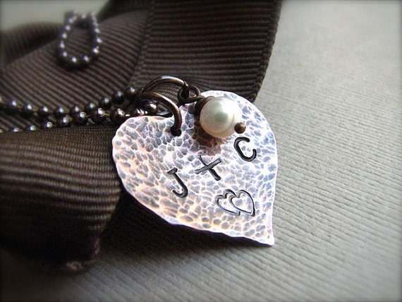 Personalized Hand-Stamped Initial Copper Heart Necklace - Boy Loves Girl