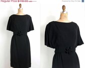 s a l e vintage 1950s dress / 50s little black dress / black rayon cocktail ( medium)