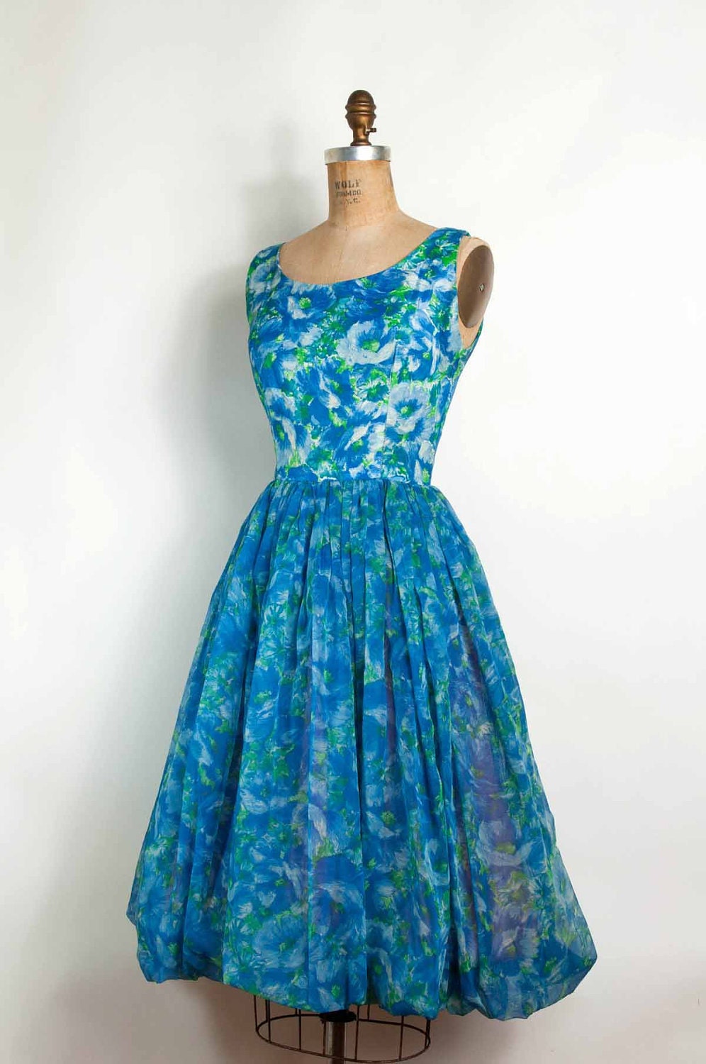 vintage 1960s dress / 60s blue floral chiffon party dress (small)