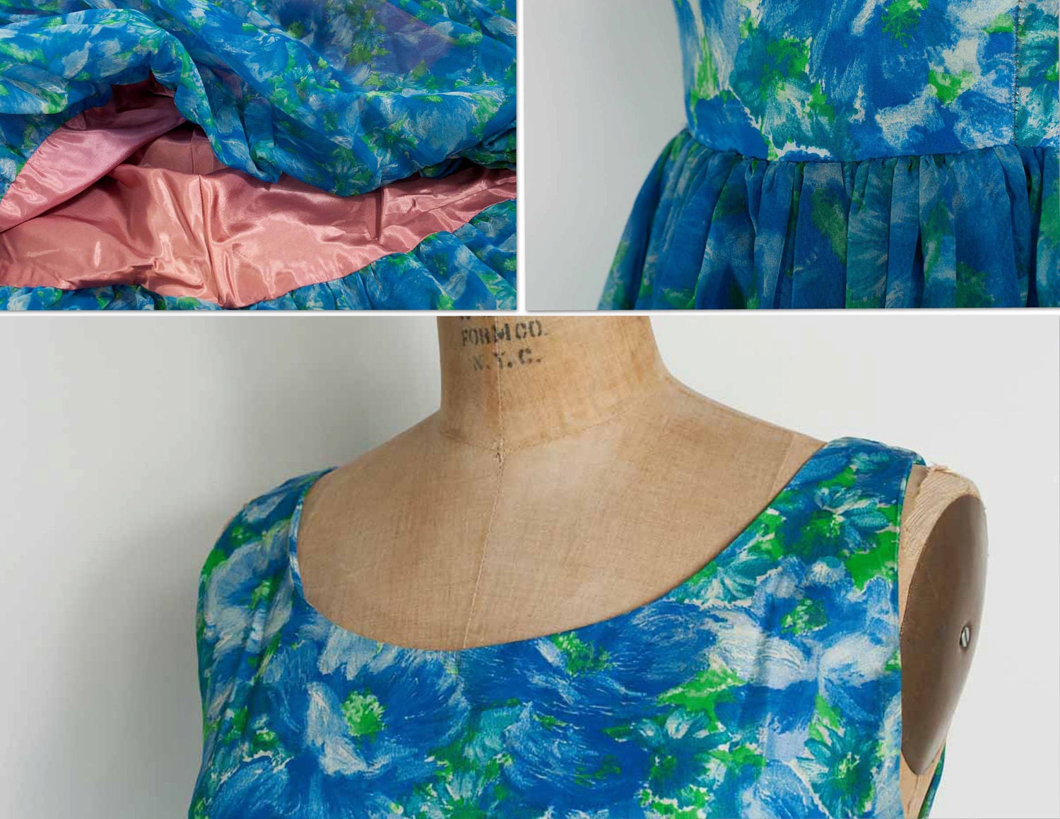 vintage 1960s dress / 60s blue floral chiffon party dress (small)