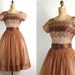 vintage 1950s dress / 50s party dress -- coffee brown & embroidered (small)