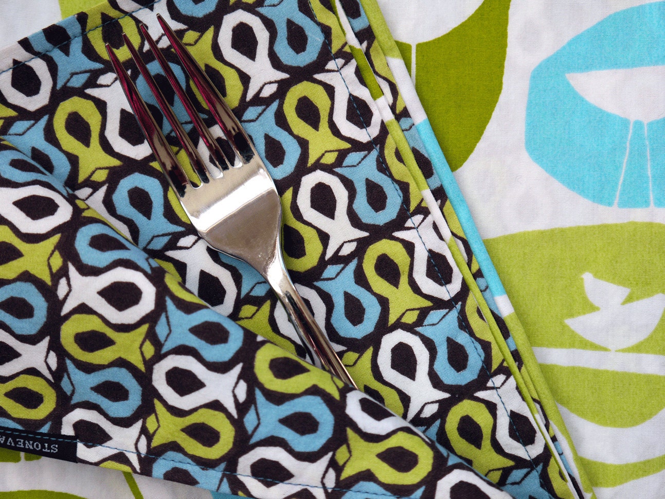Organic cotton napkins mod bird and fish patterns double sided