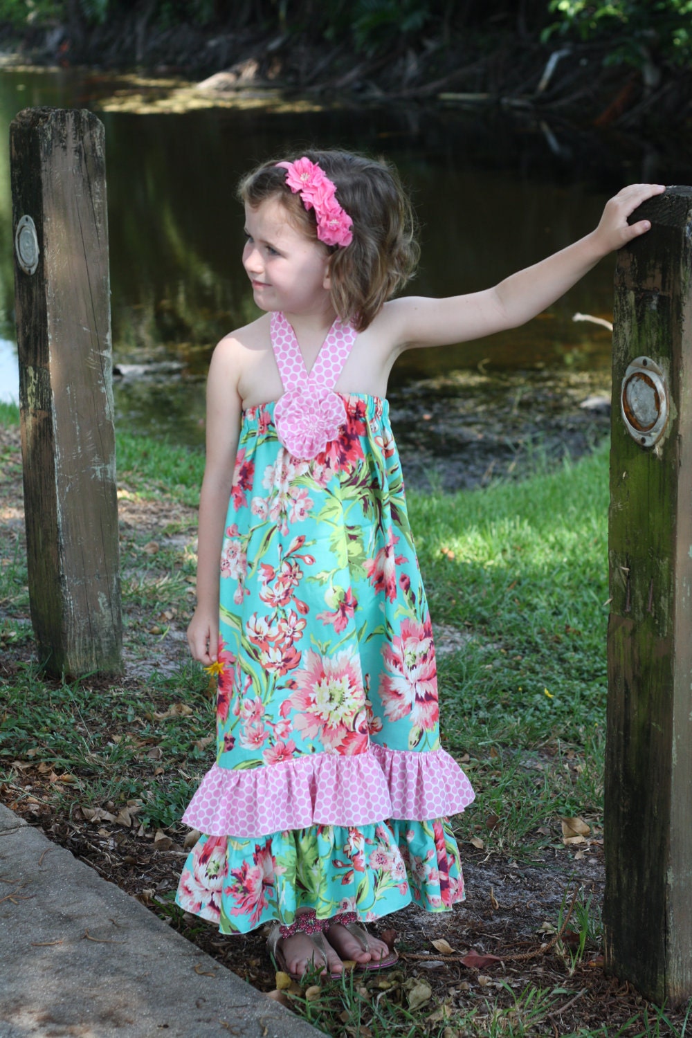 Aqua Bliss Double Ruffle Maxi Dress with Rosette