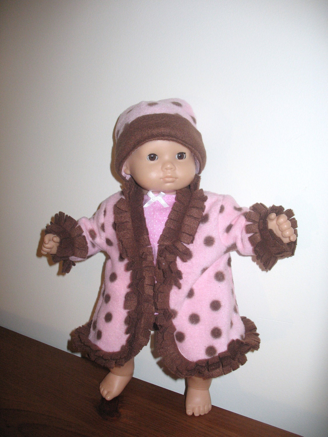 15 Inch Doll Clothes for Bitty Baby or Bitty Twin Size Dolls, Soft Pale Pink with Chocolate Brown Spots Swing Coat and Hat