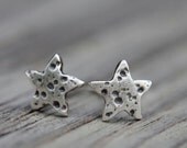 Small star stud earrings, textured silver and patinated
