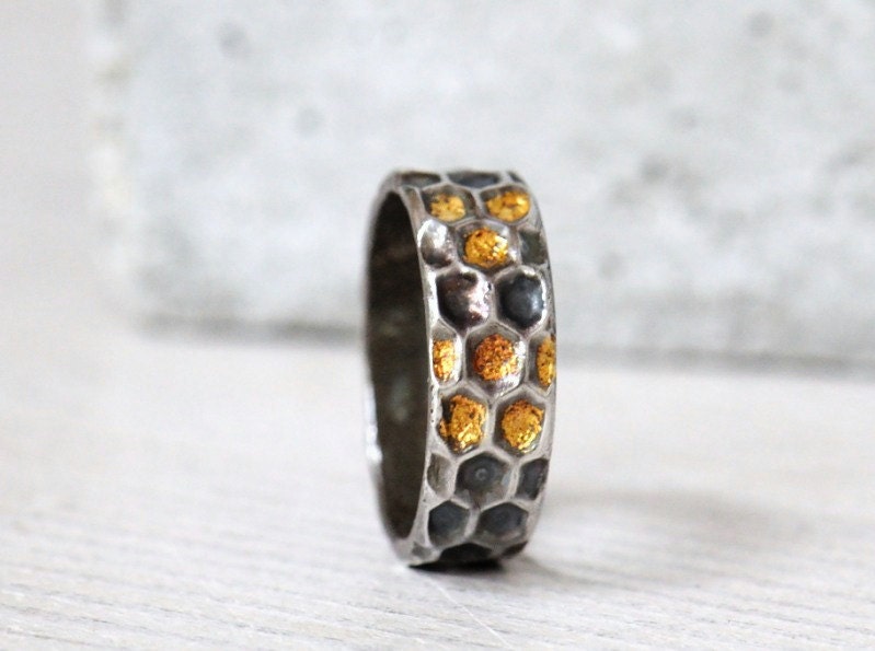 Silver honeycomb ring with gold honey details - made to order - SilverBlueberry
