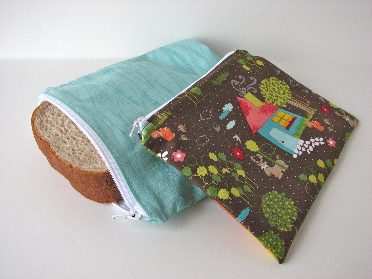 Reusable Snack Bag and Sandwich bag set of 2 in Aqua Woodgrain and Woodland Scene - MADE TO ORDER