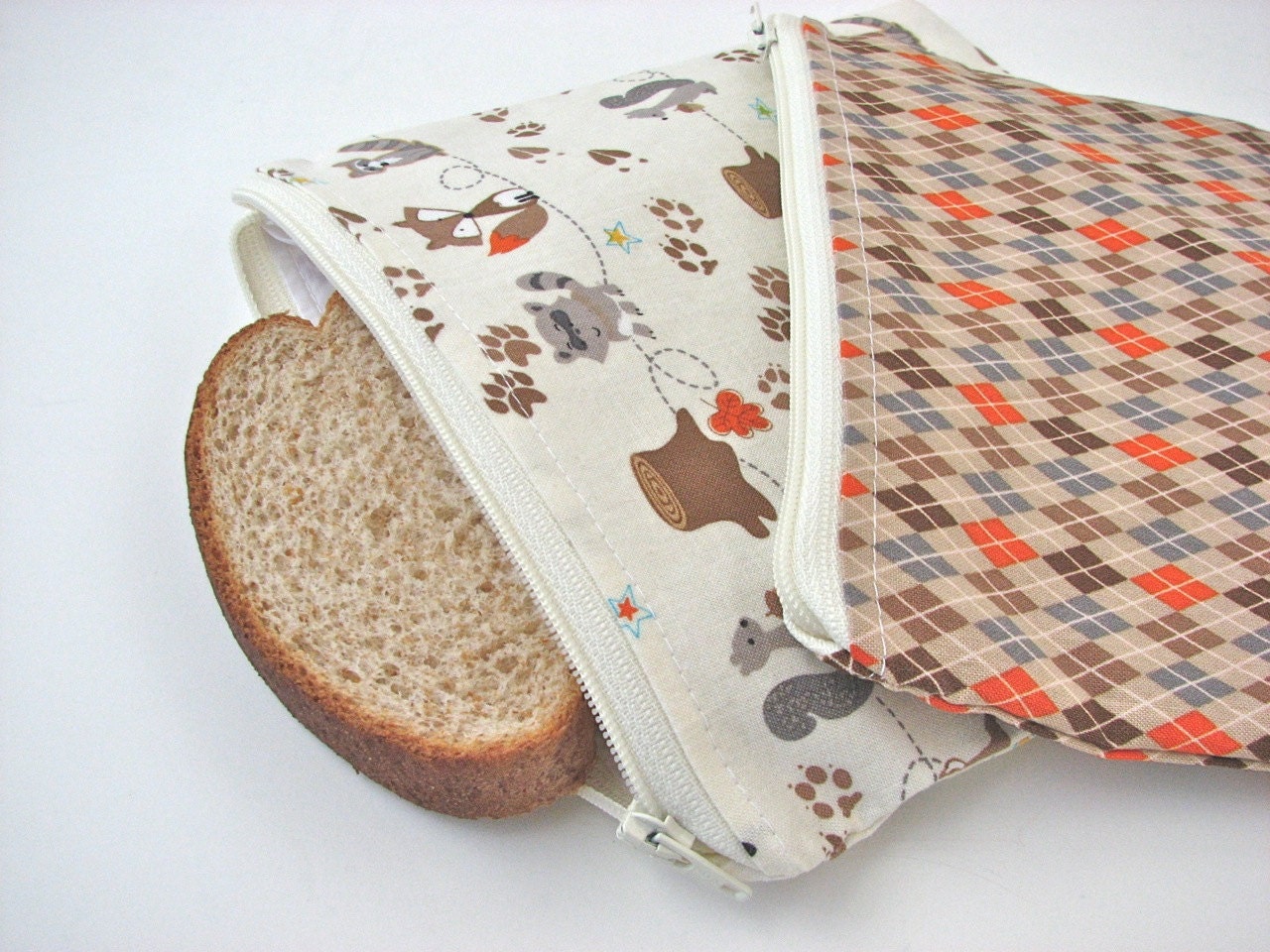 Reusable Snack Bag and Sandwich bag set of 2 in Woodland animals and argyle - MADE TO ORDER