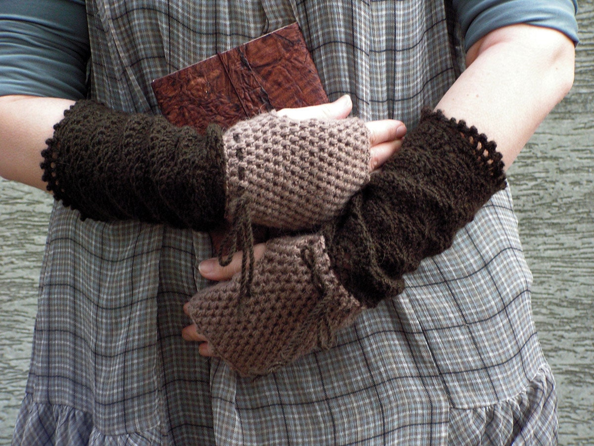 FREE Shipping Warm Beige Afternoon - crocheted open work lacy two colors mittens fingerless gloves - hypericumfragile